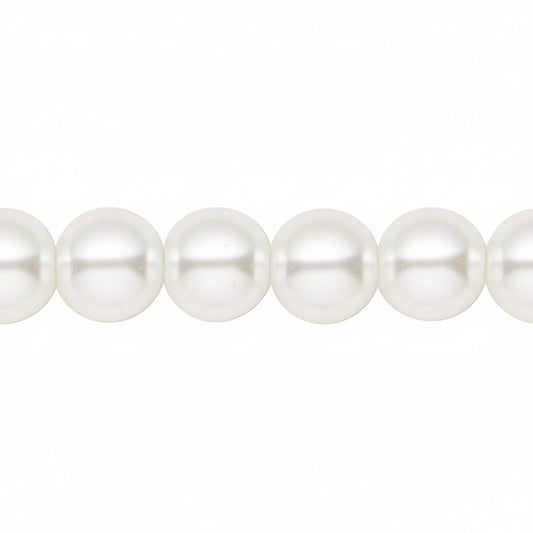 A close-up of a strand of white freshwater pearls aligned horizontally against a solid white background.