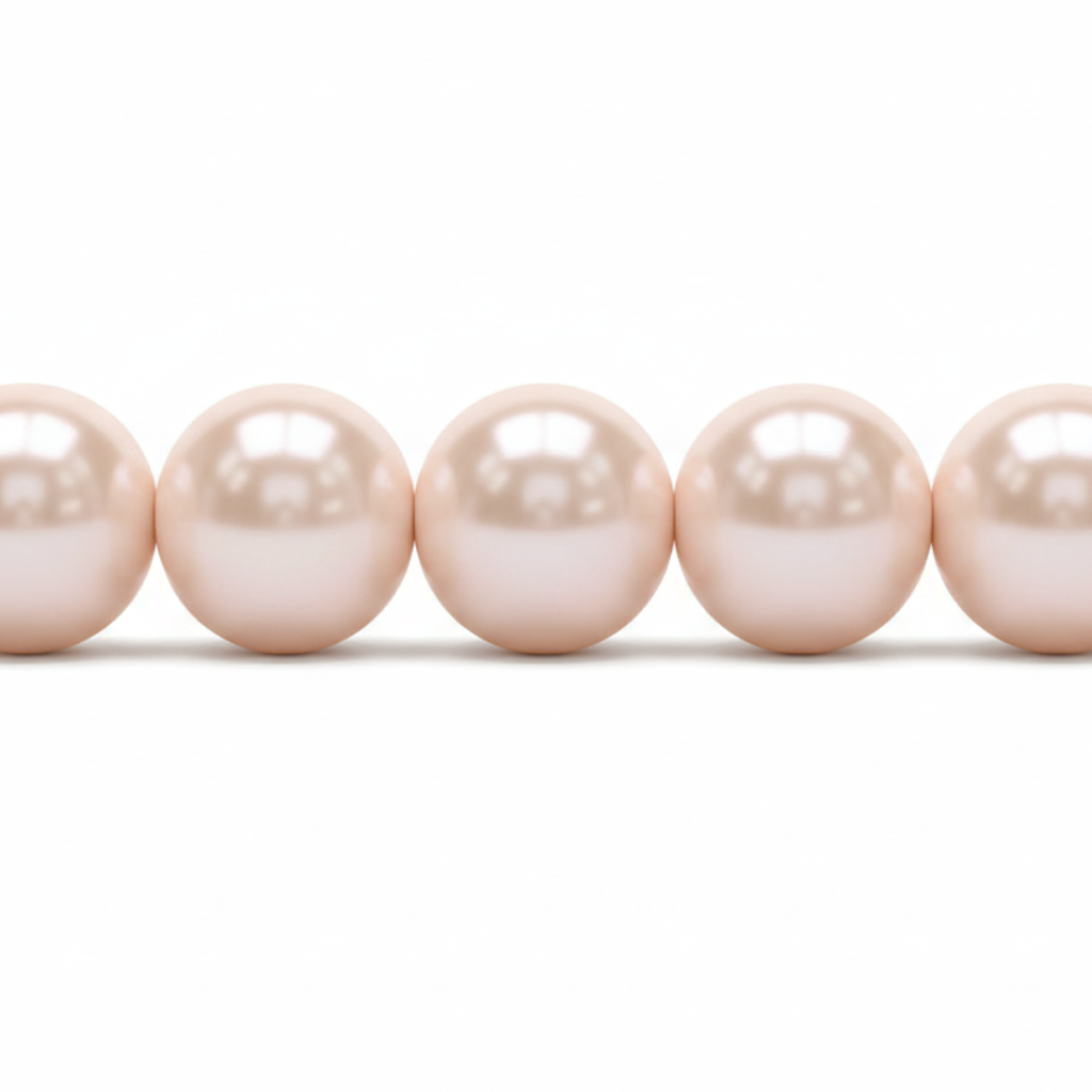 A close-up of a strand of round, lustrous pearl beads in a soft champagne-pink color, shown against a plain white background.