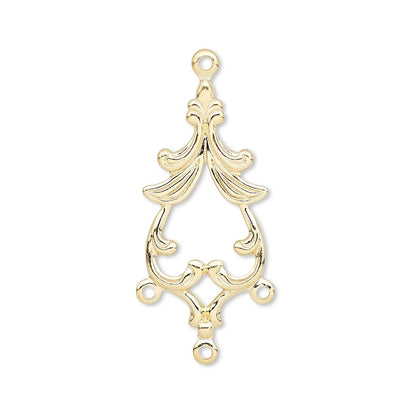 Gold ornate metal pendant charm with decorative scrollwork and a top hanging loop, shown on a plain white background.