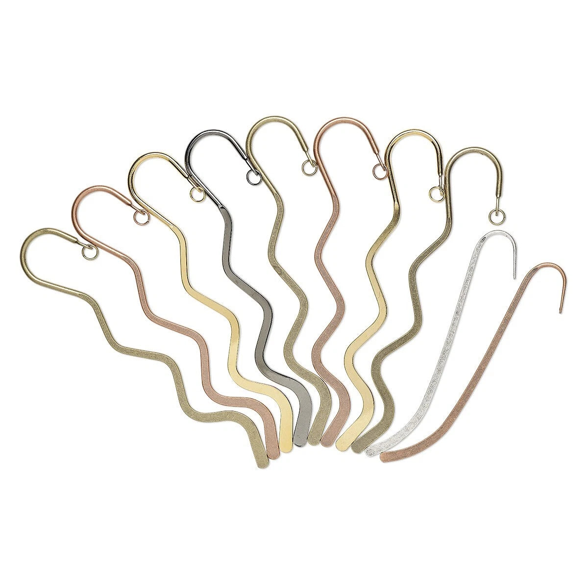 A set of nine wavy metal bookmark hooks in various metallic finishes, arranged in a fan shape on a plain white background.