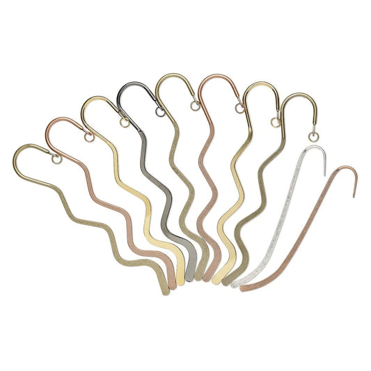 A set of nine wavy metal bookmark hooks in various metallic finishes, arranged in a fan shape on a plain white background.