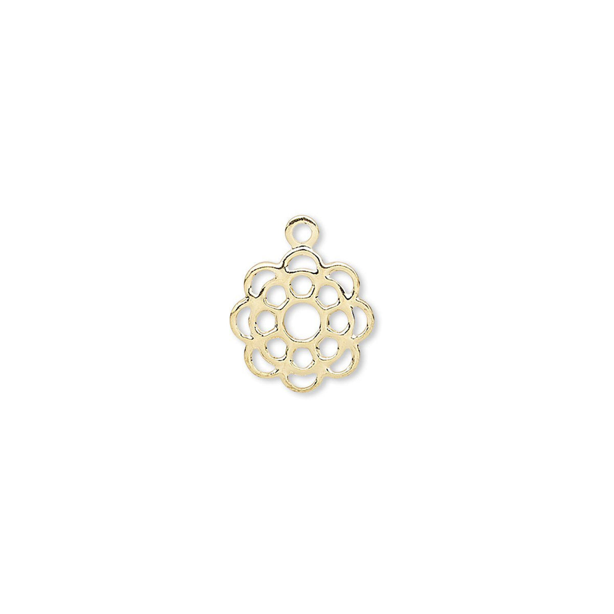 A small gold-toned metal flower-shaped charm with an openwork design and a top loop, shown on a plain white background.