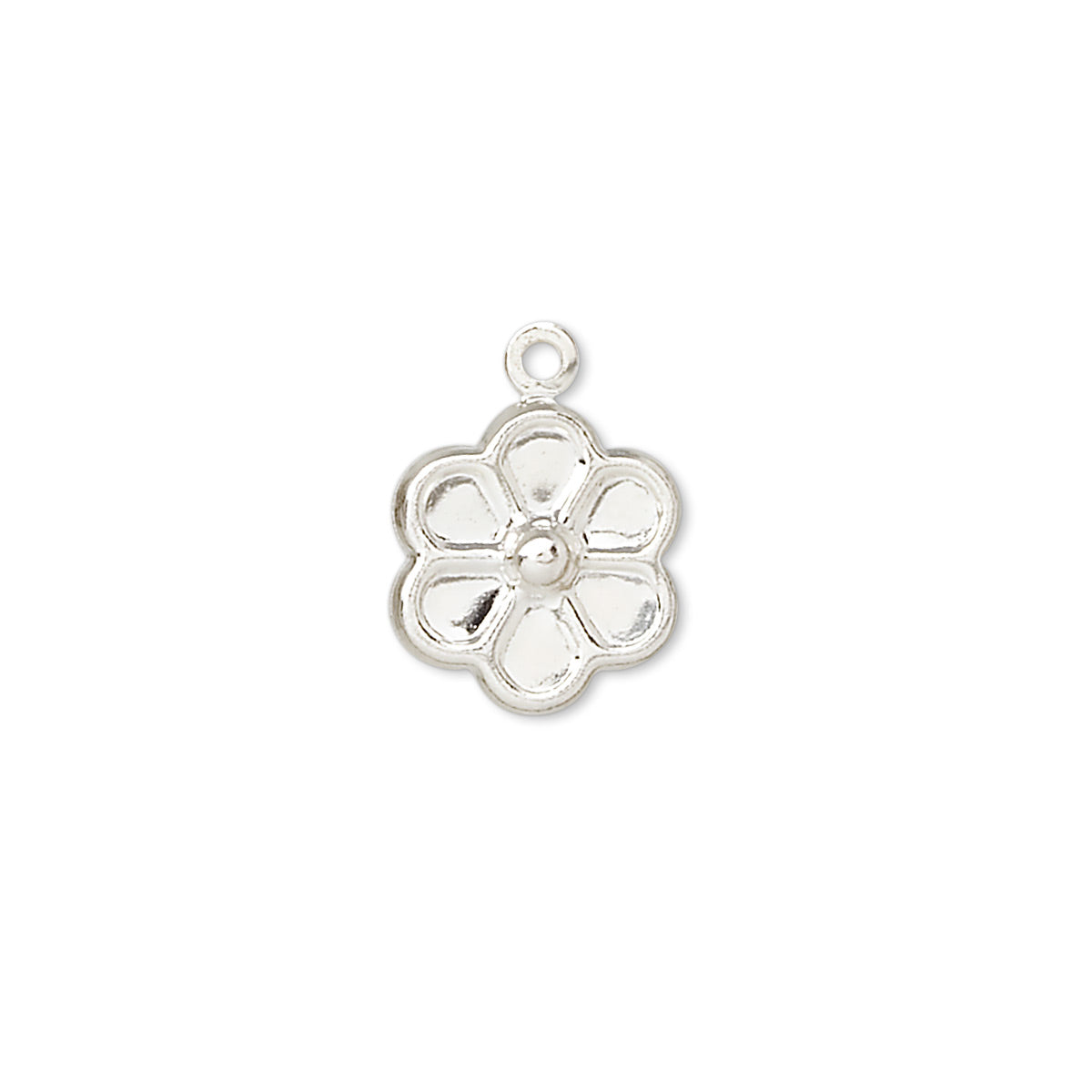 A small silver flower-shaped charm with a loop at the top, shown on a plain white background.