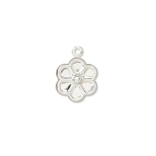 A small silver flower-shaped charm with a loop at the top, shown on a plain white background.