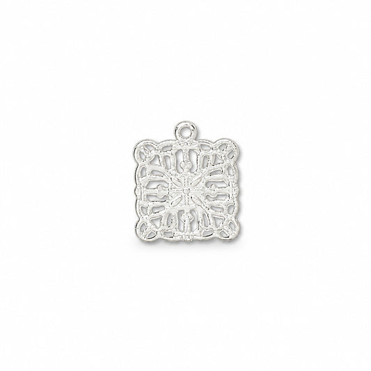 A square silver filigree charm pendant with a decorative openwork pattern and a top loop, shown on a plain white background.