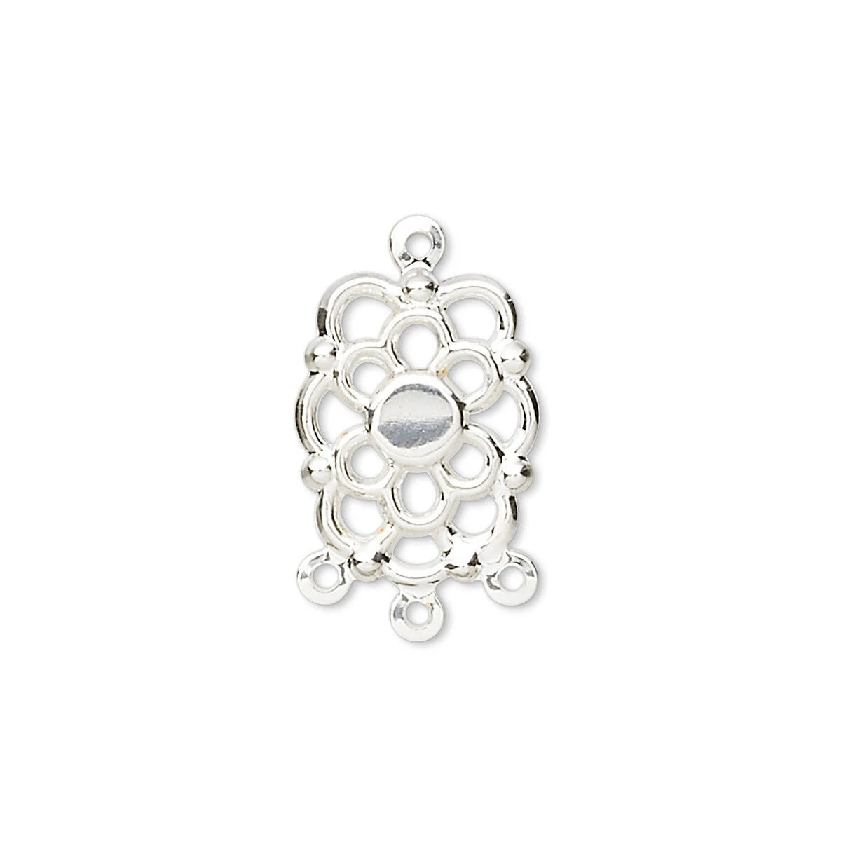 A silver filigree charm pendant with a central oval cutout and decorative loops, shown on a plain white background.
