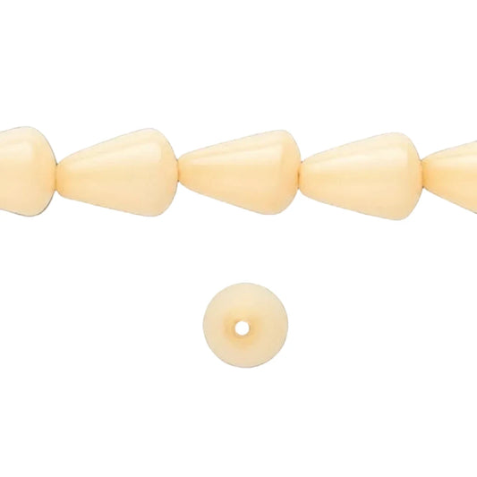 A strand of pale cream cone-shaped beads and a single matching round disc bead with a center hole, shown on a solid dark gray background.
