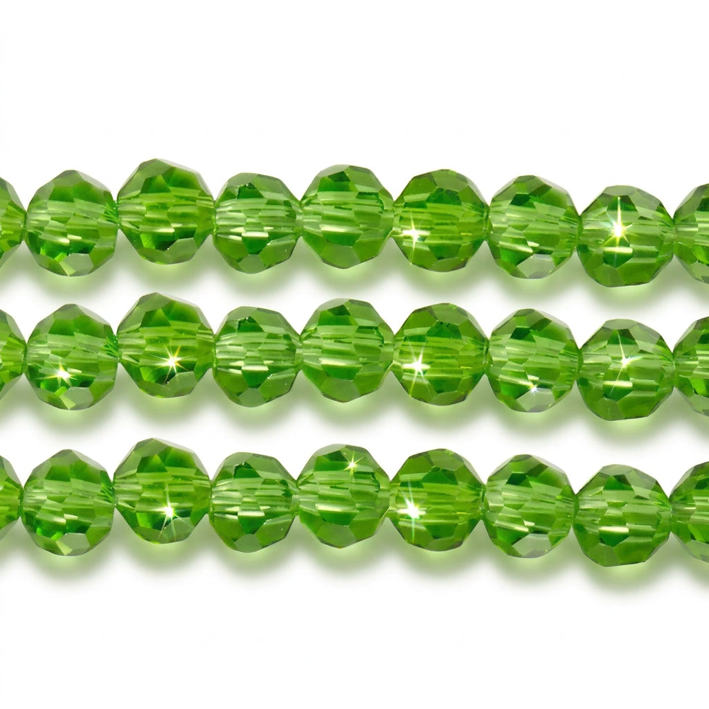 Three horizontal strands of faceted green glass beads on a plain white background.