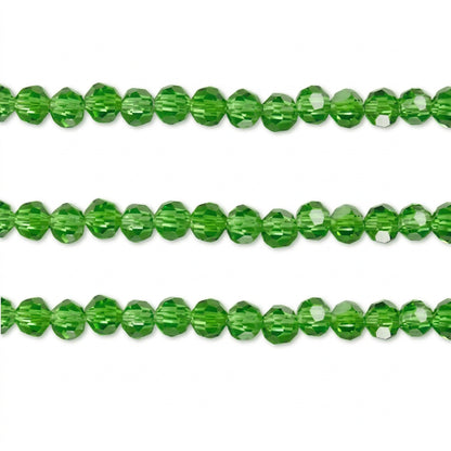 Three strands of faceted green beads arranged horizontally on a plain white background.