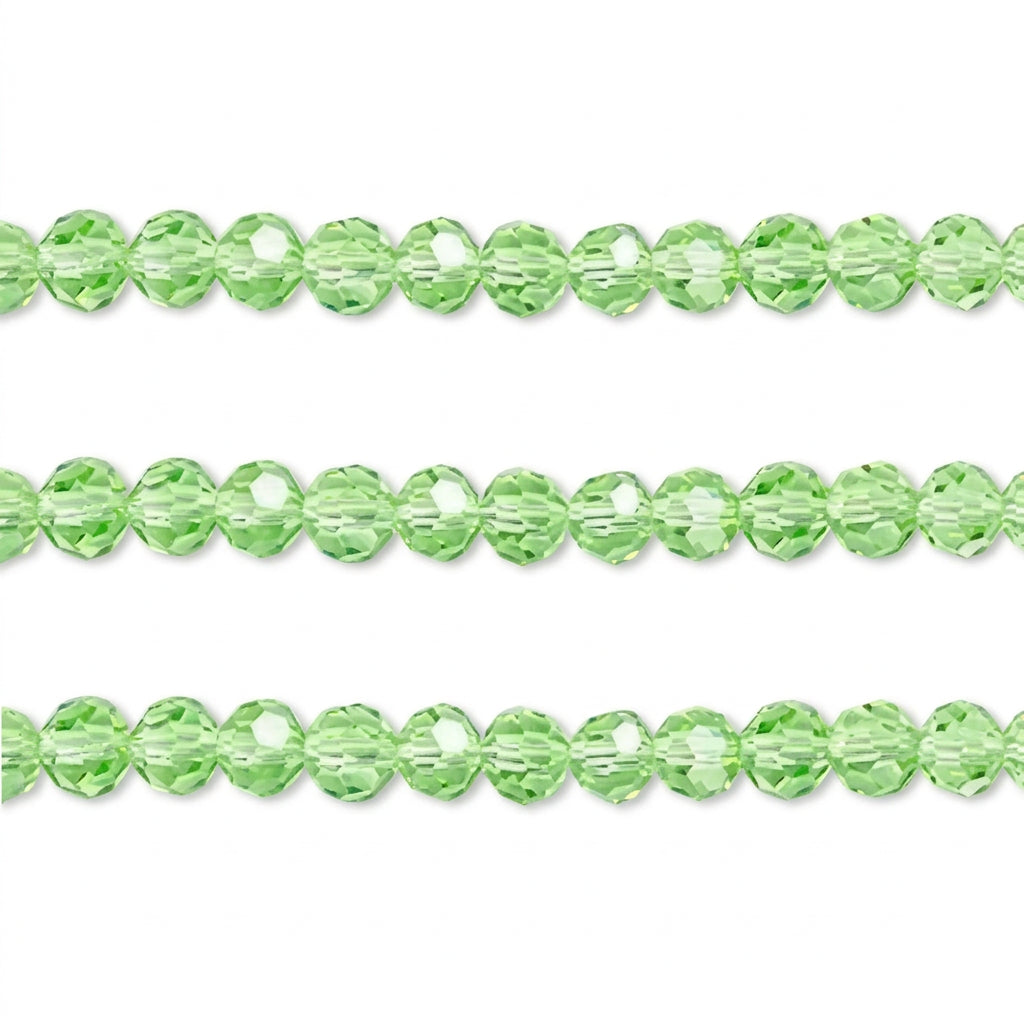 Three horizontal strands of faceted light green beads on a plain white background.