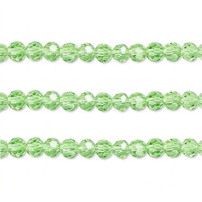 Three horizontal strands of faceted light green beads on a plain white background.