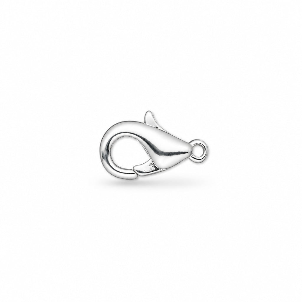 A polished silver lobster clasp charm with a small top loop, shown on a plain white background.