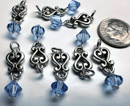 Antiqued Silver Pewter Heart Dangles with Light Sapphire Blue Swarovski Crystal 26x8mm — 8 pcs