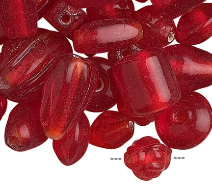 India Pressed Glass Bead Mix: Transparent Red, Assorted Shapes & Sizes (50g, ~60-100 pc)