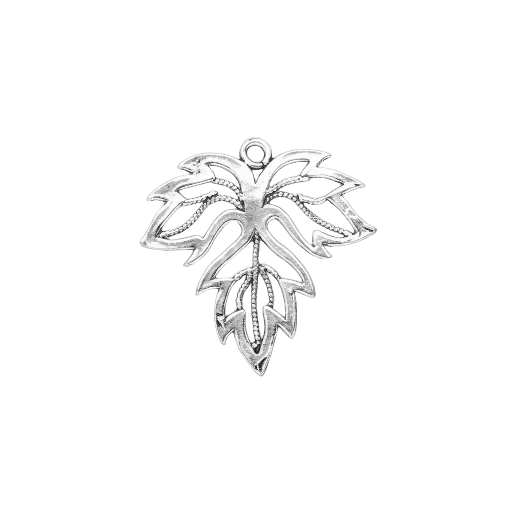 A silver-toned metal leaf-shaped charm with an openwork design and a small loop at the top, shown on a plain white background.