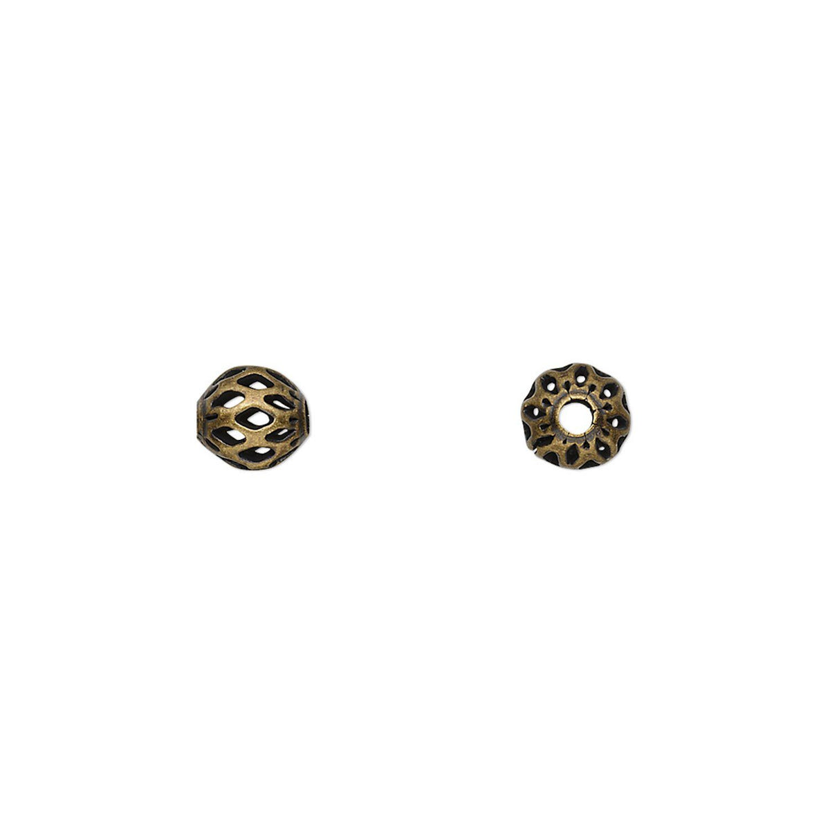 Two antique bronze metal spacer beads with intricate filigree cutouts, shown side-by-side on a plain white background.