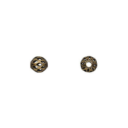 Two antique bronze metal spacer beads with intricate filigree cutouts, shown side-by-side on a plain white background.