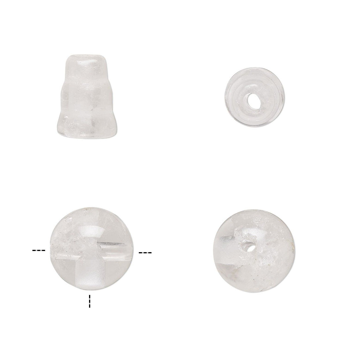 Four views of a clear, transparent plastic or acrylic bead with a textured, frosted finish, shown on a plain white background.