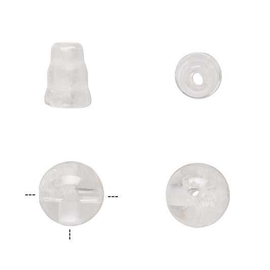 Four views of a clear, transparent plastic or acrylic bead with a textured, frosted finish, shown on a plain white background.