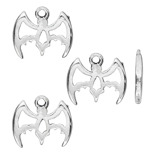Three silver bat-shaped jewelry charms with a loop at the top, shown from different angles on a solid gray background.