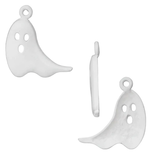 Three white ghost-shaped jewelry charms or pendants shown on a plain white background, including two front views and one side profile view.