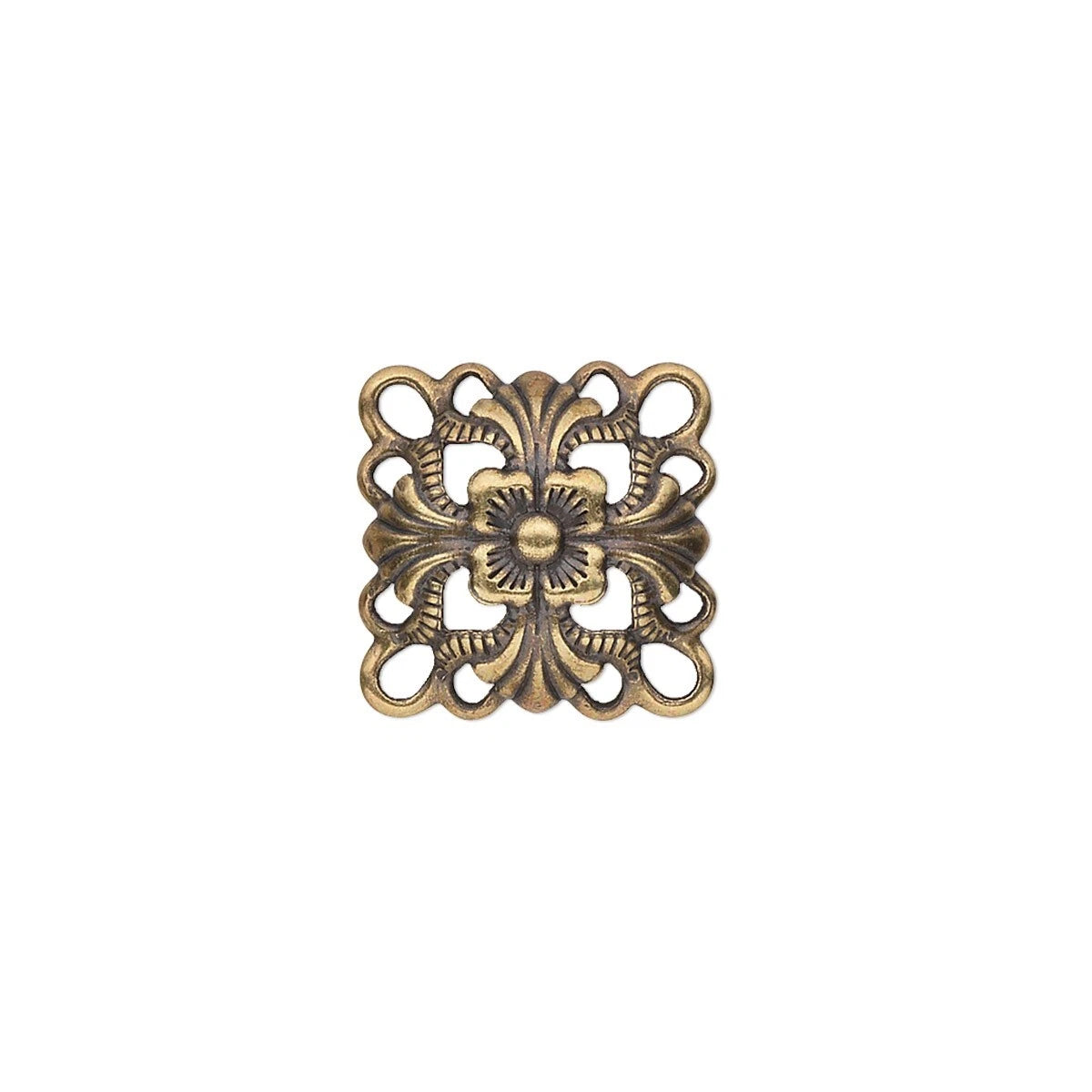 An ornate square metal decorative piece with a central floral motif and intricate cutout scrollwork, finished in an antique bronze or gold tone, isolated on a white background.