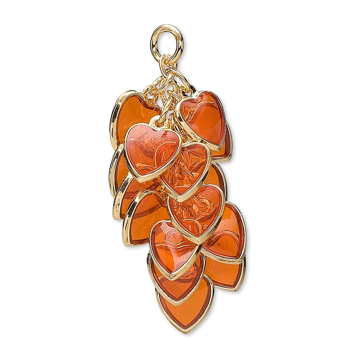 Jewelry pendant with orange heart-shaped stones and gold accents on a white background