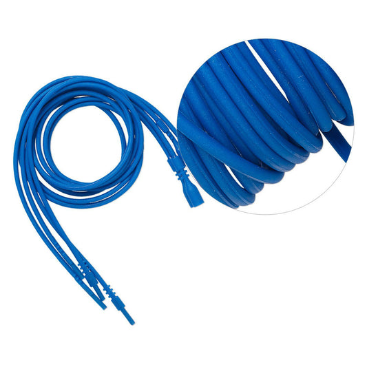 A bright blue cords with connector ends visible, shown on a white background with a circular inset close-up of the cable texture and color.