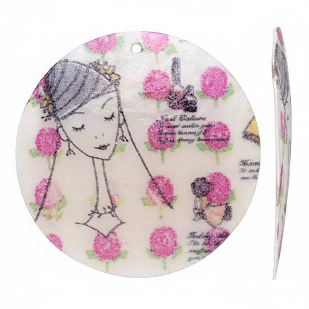 A round ceramic plate with a hand-painted illustration of a woman in a veil surrounded by pink hydrangeas, shown alongside a side profile view on a solid gray background.