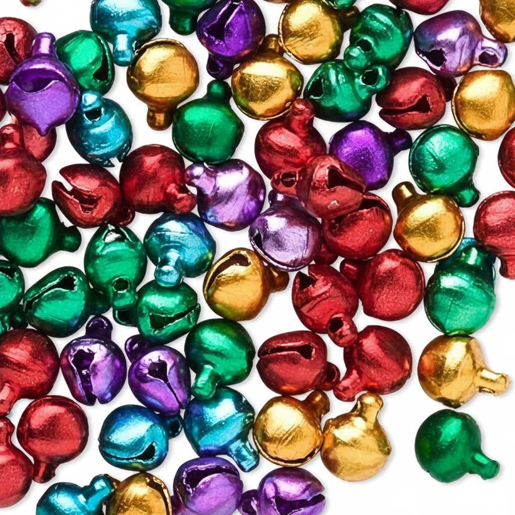 A pile of small metallic jingle bells in assorted colors including red, green, purple, blue, and gold on a white background.