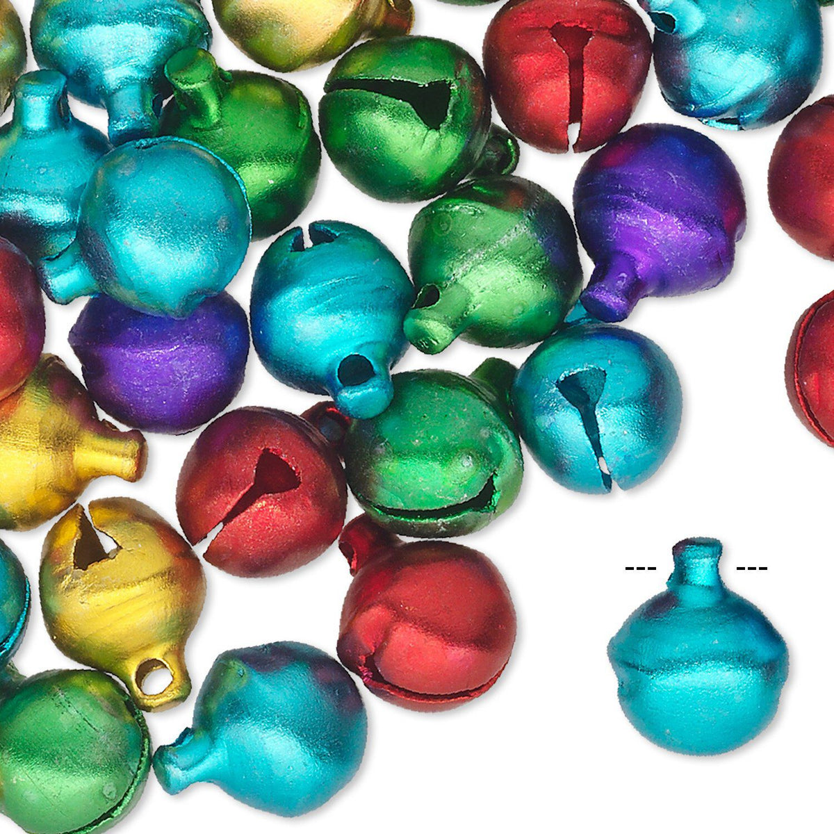A pile of small metallic jingle bells in assorted colors including turquoise, green, red, purple, yellow, and blue, with one turquoise bell shown separately on a white background.