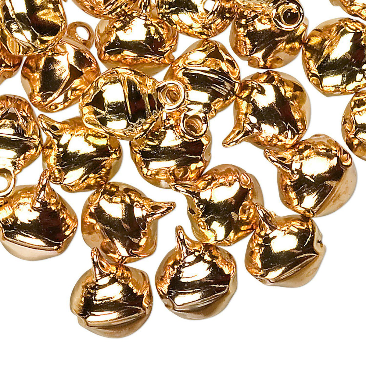 A pile of small shiny gold jingle bells with metal loops at the top, photographed on a plain white background.