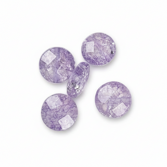 Five round flatback resin cabochons with a light purple lavender color and a white quartz crystal inlay, arranged on a clean white background.