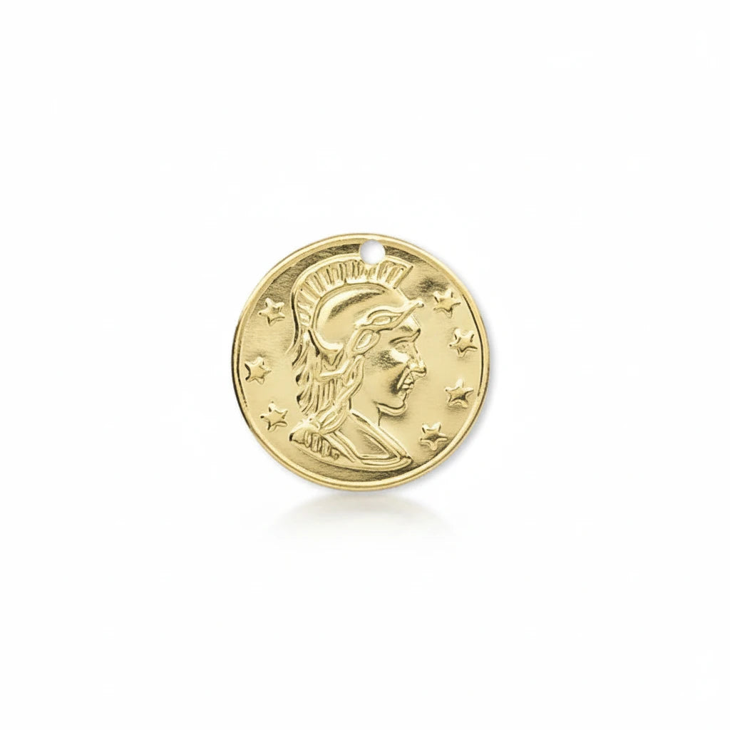 A gold-colored coin charm featuring a profile portrait of a helmeted figure surrounded by stars, shown on a plain white background.