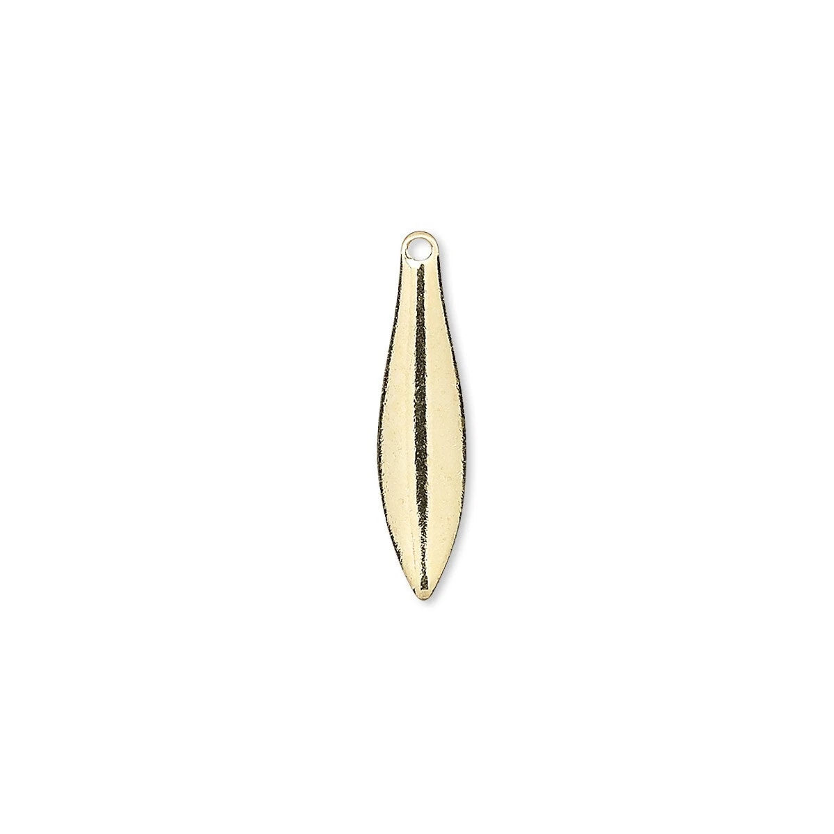 A single teardrop-shaped gold metal charm with a textured finish and a small loop at the top, centered on a plain white background.