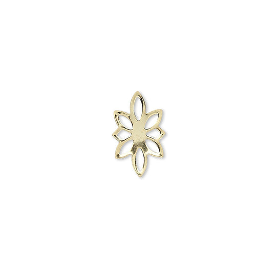 A small gold-toned metal flower-shaped charm or connector with six open petals, centered on a plain white background.