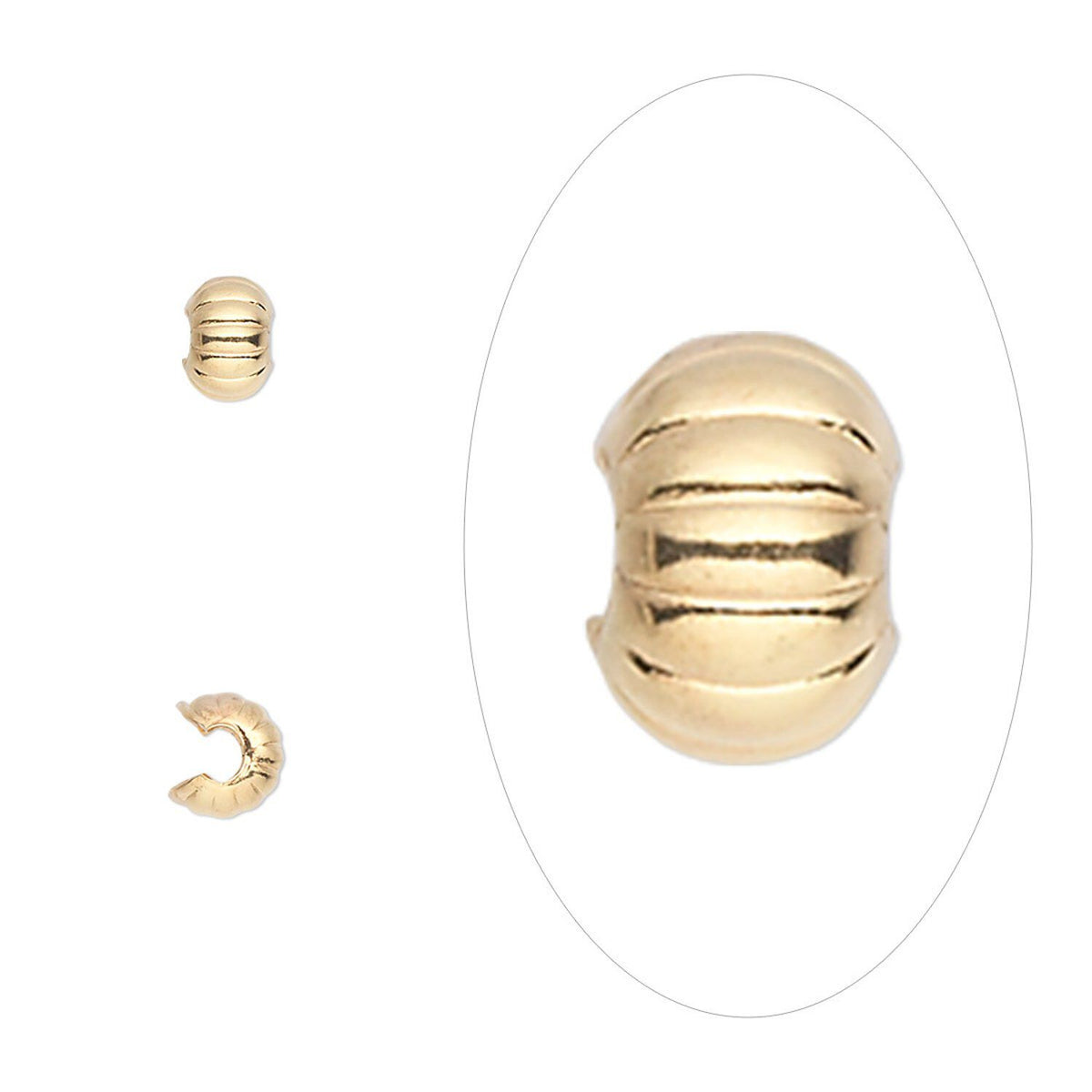 Gold metallic bead with a ribbed textured surface, shown in a close-up oval on the right and full product views on the left against a white background.