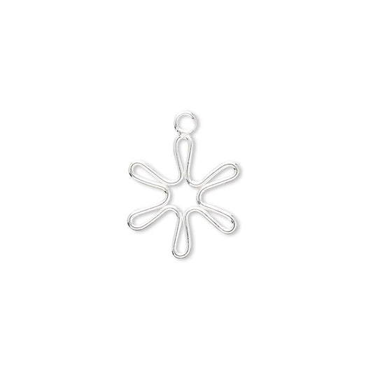 A silver-toned metal flower charm with six elongated petals and a small loop at the top, shown on a plain white background.