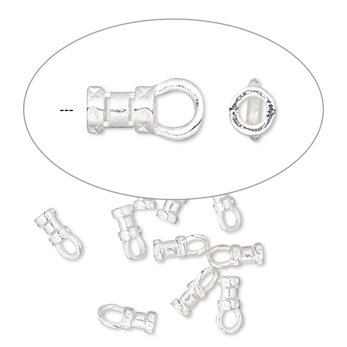Silver-toned metal lobster clasp findings shown on a white background, with one enlarged close-up inside an oval and several smaller pieces arranged below.