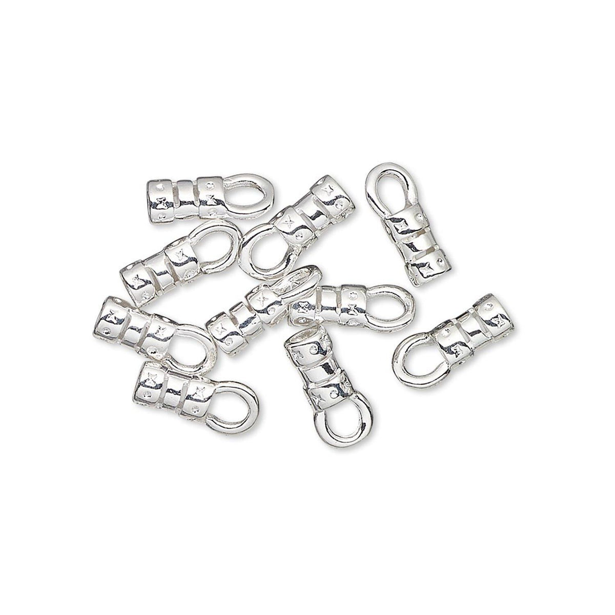 A pile of silver-toned metal lobster clasp connectors arranged on a plain white background.