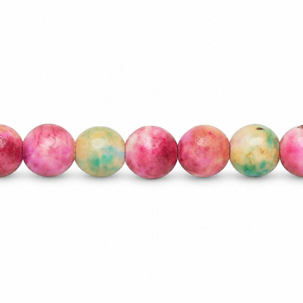 A close-up horizontal strand of round beads with a marbled pattern in pink, peach, yellow, and mint green on a plain white background.