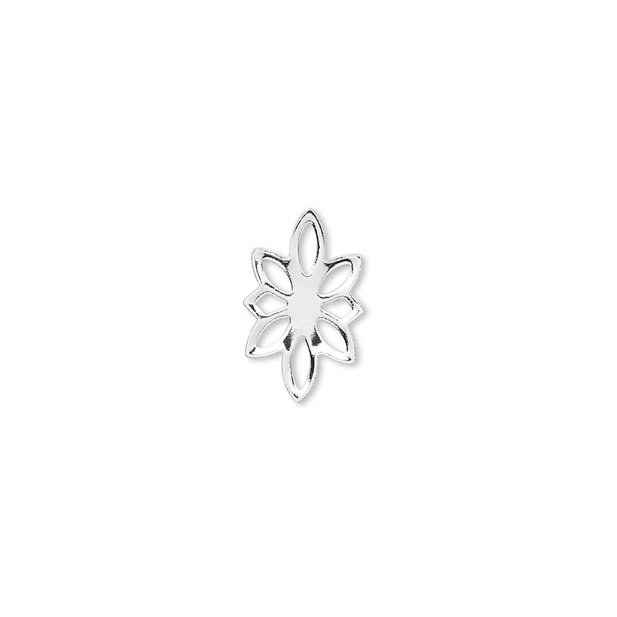 A single silver-toned metal flower-shaped stud or charm with a polished reflective finish, isolated on a white background.