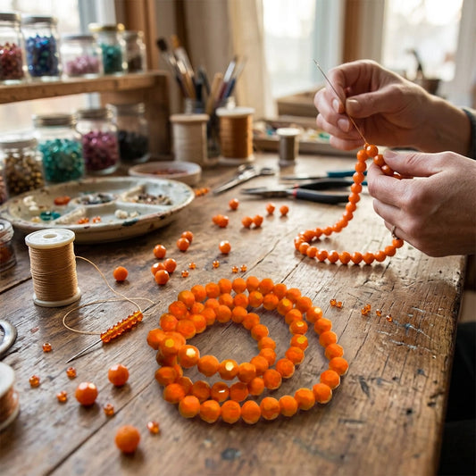 Faceted orange beads arranged in loose loops on a plain white background.
