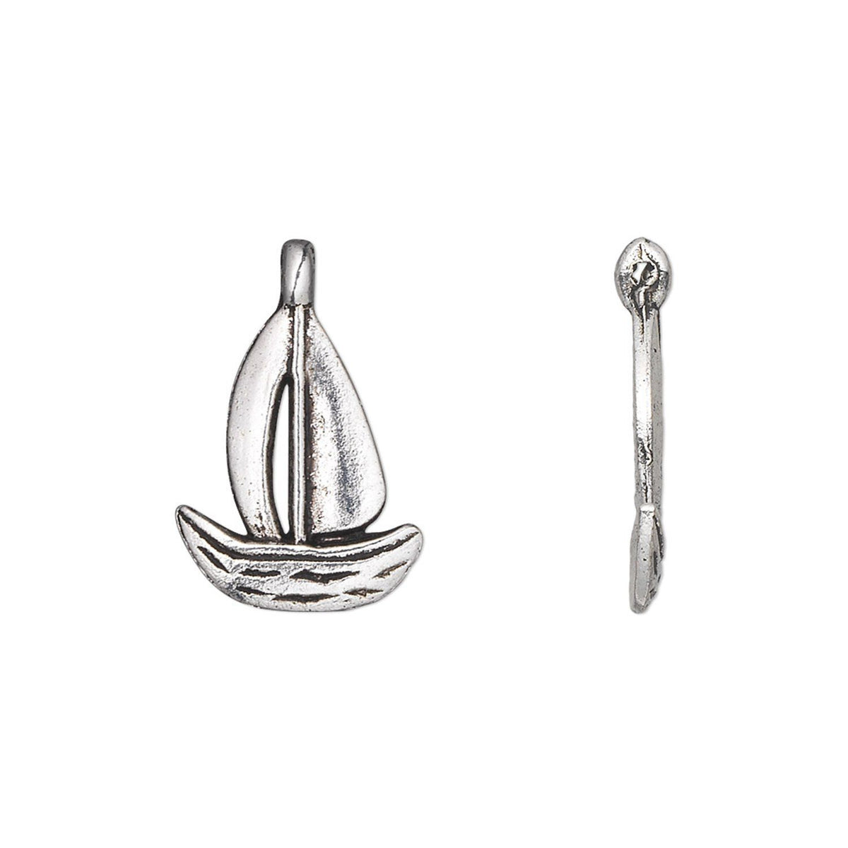 A silver-toned metal charm shaped like a sailboat, shown from the front and side on a plain white background.