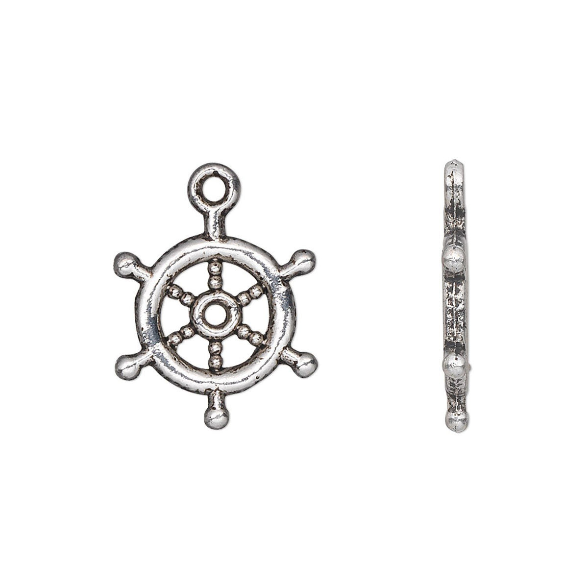 A silver-toned nautical ship's wheel charm shown from the front and side on a plain white background.