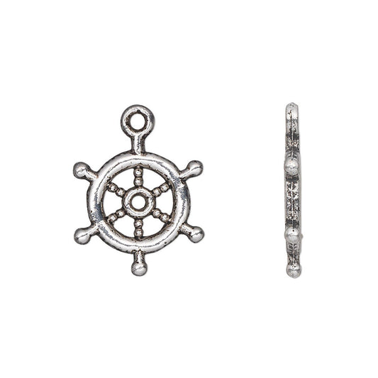 A silver-toned nautical ship's wheel charm shown from the front and side on a plain white background.