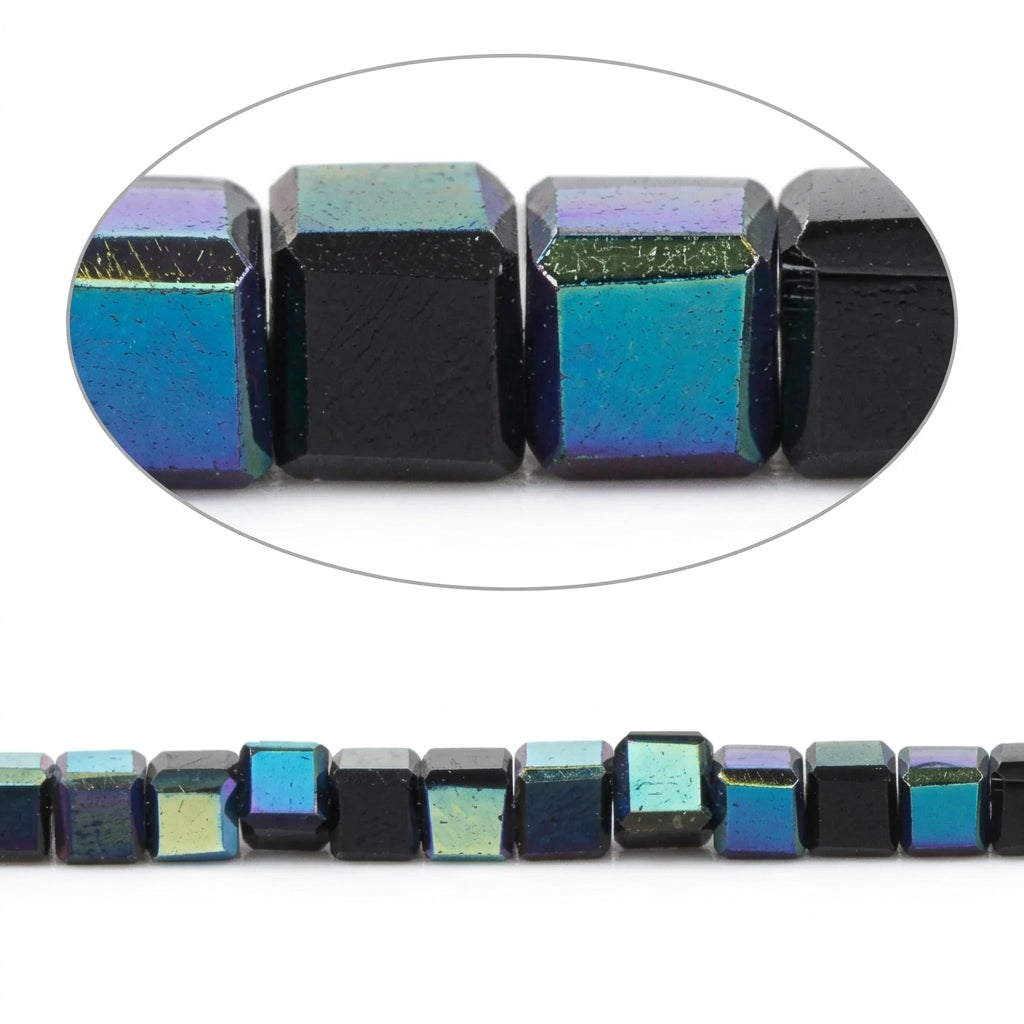 Square faceted beads with an iridescent black, blue, and green finish, shown in a close-up oval detail and as a strand on a white background.