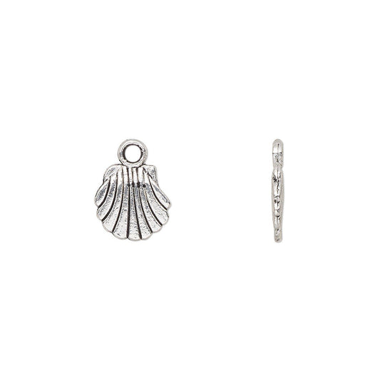 A silver-toned metal shell-shaped charm with a textured ribbed pattern and a small loop at the top, shown alongside a side profile view on a plain white background.