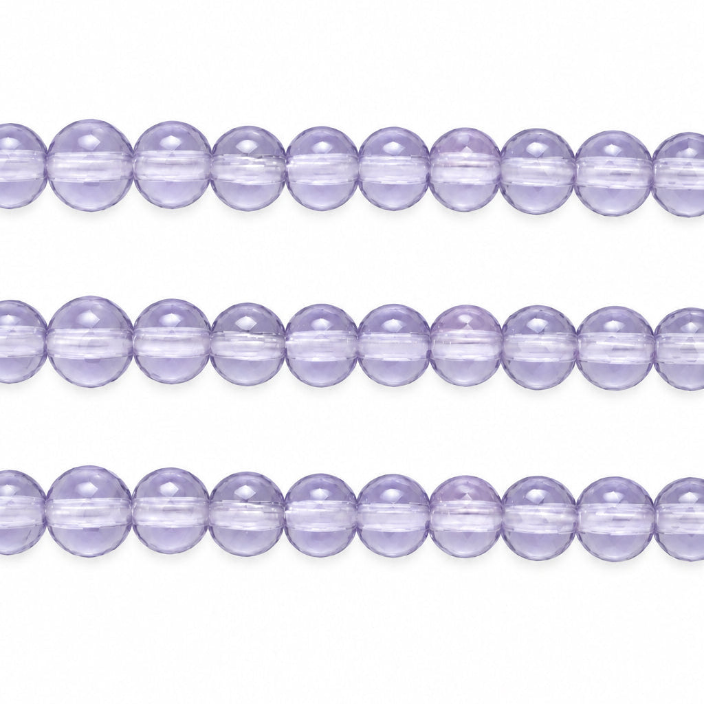 Three horizontal strands of round, faceted beads in a light lavender purple color, displayed against a white background.