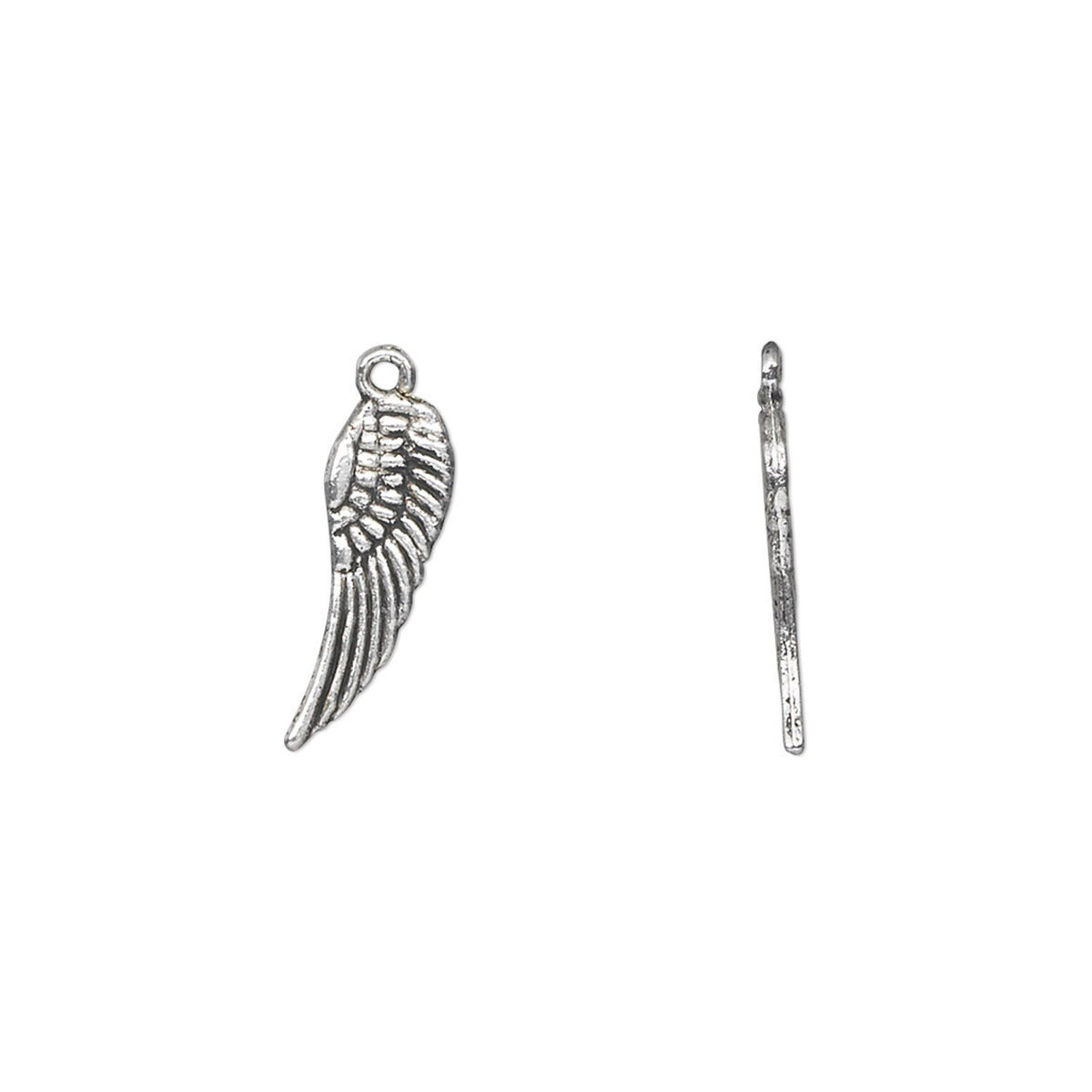 A pair of silver-toned metal jewelry charms, one shaped like a detailed angel wing and the other as a straight bar with a loop at the top, shown on a plain white background.